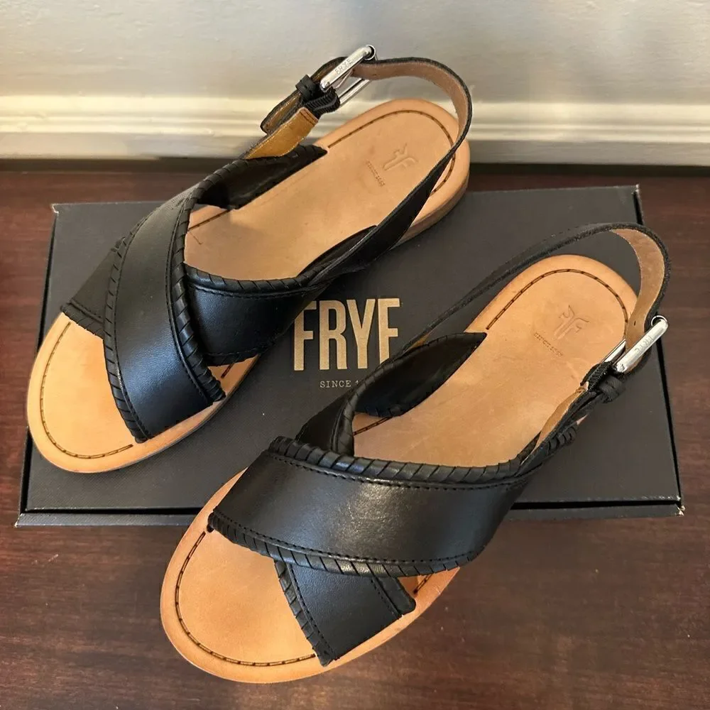 💥Frye Women’s leather feather criss cross black sandal size 7,5 NIB